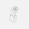 Vector hand drawn linear art, woman face with flower, continuous line, fashion concept, feminine beauty minimalist
