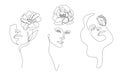Vector hand drawn linear art, woman faces with flower, continuous line, fashion concept, feminine beauty minimalist