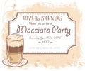 Vector hand drawn macciato party invitation card, vintage frame, glass and leaves