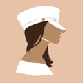 Vector hand drawn minimalistic illustration of girl in breton cap. Creative abstract artwork.