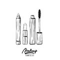 Vector hand drawn monochrome illustration of makeup cosmetics set. Royalty Free Stock Photo