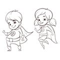 Vector hand drawn monochrome illustration of two happy super hero kid