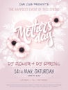 Vector hand drawn mothers day event poster with blooming anemone flowers, heart shaped frame, hand lettering text -