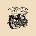 Vector hand drawn motorcycle club logo. Vintage detailed retro bike illustration in ink style for chopper company etc. Royalty Free Stock Photo