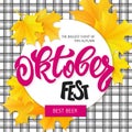 Vector hand drawn oktoberfest lettering label with leaves on cheked background