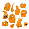 Vector hand-drawn orange doodles Halloween pumpkin. The faces of pumpkins with eyes, mouths depict different emotions, fun.