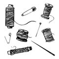 Vector hand drawn outline ink set of spool of threads and needles