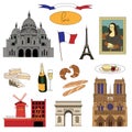 Vector hand-drawn Paris landmarks and food illustration set