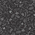 Vector hand drawn pattern with autumn elements contours: foliage, berries and acorns on the gray background. Chalkboard imitation Royalty Free Stock Photo