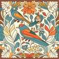 Hand drawn pattern design art autumn birds flowers illustion background