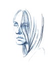 Vector Hand drawn pencil sketch with face of a girl. Female portrait. Royalty Free Stock Photo