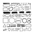 Vector hand drawn pencil textured elements isolated on white background, circles, squares, heart, arrows, underline strokes set