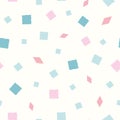 Vector hand drawn pink and blue squares and diamond shapes on pastel yellow background. Funky seamless pattern. Great