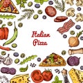 Vector hand drawn pizza ingridients and spices background with empty space in center for text