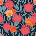 Vector hand drawn pomegranate fruit seeds leaves bloom dark seamless pattern print background. Royalty Free Stock Photo