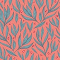Vector hand drawn pomegranate seeds and eafs seamless pattern print background. Royalty Free Stock Photo