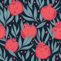 Vector hand drawn pomegranate seeds and leafs dark seamless pattern print background. Royalty Free Stock Photo