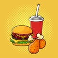 Vector hand drawn pop art illustration of burger, chicken legs, Royalty Free Stock Photo