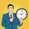 Vector hand drawn pop art illustration of businessman holding watch Royalty Free Stock Photo