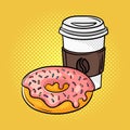 Vector hand drawn pop art illustration of donut and coffee Royalty Free Stock Photo