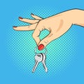 Vector hand drawn pop art illustration of hand holding keys. Royalty Free Stock Photo