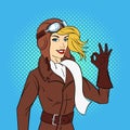 Vector hand drawn pop art style illustration of retro woman pilot Royalty Free Stock Photo