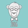 Vector hand drawn portrait of geek monkey. 2016 Happy New Year g