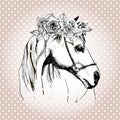 Vector hand drawn portrait of horse wearing the floral crown. on polka dot background.