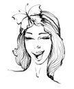 Vector hand drawn portrait of stylish girl twinkling with smile and butterfly on hair on white background. Royalty Free Stock Photo