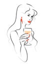 Vector hand drawn portrait of young beautiful lady holding wine glass isolated on white background. Royalty Free Stock Photo