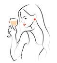 Vector hand drawn portrait of young beautiful lady holding wine glass isolated on white background. Royalty Free Stock Photo