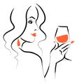 Vector hand drawn portrait of young beautiful lady with long hair hold wine glass isolated on white background.