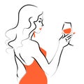 Vector hand drawn portrait of young beautiful lady in red dress with wine glass isolated on white background. Royalty Free Stock Photo