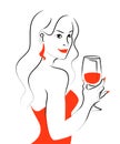 Vector hand drawn portrait of young beautiful lady in red dress with wine glass isolated on white background. Hand drawn sketch mi Royalty Free Stock Photo