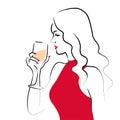 Vector hand drawn portrait of young beautiful lady in red dress with wine glass isolated on white background. Royalty Free Stock Photo