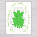 Vector hand drawn poster with jar full of spinach with text on wooden backdrop