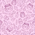 Vector hand drawn purple witch bottles seamless pattern on the pink background