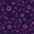 Vector hand drawn purple witchy bottles seamless pattern.