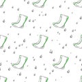 Vector hand drawn rain drops and rubber boots pattern