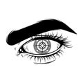 Vector hand drawn realistic illustration of human eye with compass instead pupil. Surreal tattoo artwork.