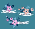 Vector hand drawn ribbon with flowers and stylish phrase - 'thank you'.