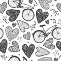 Vector hand drawn romantic seamless pattern. Bicycles, hearts doodle style, black and white vintage background. Wedding Royalty Free Stock Photo