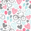 Vector hand drawn romantic seamless pattern. Bicycles, hearts doodle style, black and white vintage background. Wedding Royalty Free Stock Photo