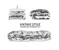 Vector Hand Drawn Sandwiches, Fast Food Illustrations Set, Drawings Isolated on White Background, Sandwiches.