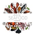 Vector hand drawn seafood banner.colored Lobster, salmon, crab, shrimp, octopus, squid, clams.E