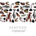 Vector hand drawn seafood banner.colored Lobster, salmon, crab, shrimp, octopus, squid, clams.Engraved art in stripe