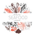 Vector hand drawn seafood banner. Lobster, salmon, crab, shrimp, ocotpus, squid, clams.Engraved art Royalty Free Stock Photo