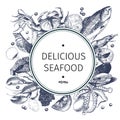 Vector hand drawn seafood logo. Lobster, salmon, crab, shrimp, ocotpus, squid, clams.Engraved art in round composition. Royalty Free Stock Photo