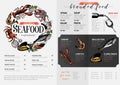 Vector hand drawn seafood menu template. colored Lobster, salmon, crab, shrimp, octopus, squid, clams.