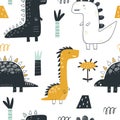 Vector hand-drawn seamless childish pattern with cute dinosaurs. Kids texture for fabric, wrapping, textile, wallpaper